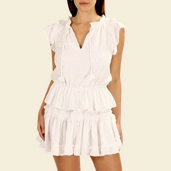 MISA Los Angeles Linen Popover Ruffle Tiered Mini Dress in Ivory Cream S - Picture 1 of 10